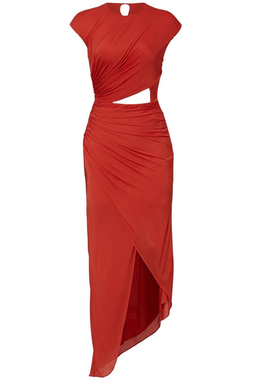 Halston Heritage Draped Jersey Cut Out Criss Cross Gathered Chili Red Dress 8